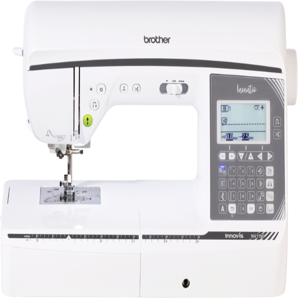 En hvid Brother symaskine af modellen Innov-is NV1150 med et display og knapper.